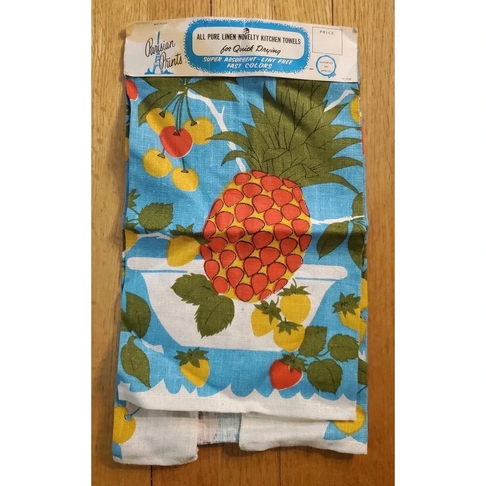 Vintage 1960s Parisian‎ Prints Linen Fruit Print Tea Towel Pineapple Strawberry